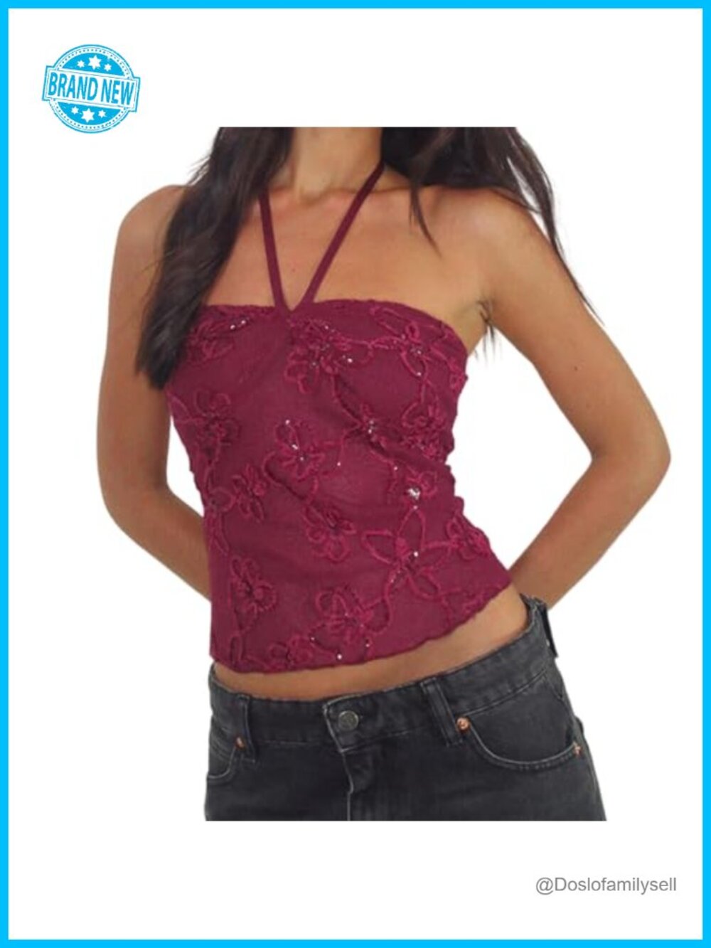Sequin Floral Halter Tank Top Slim Fit Backless Tie Up Sleeveless Crop Vest